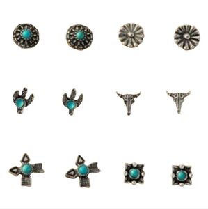 6pc western stud earrings CACTUS, BULL, TURQUOISE